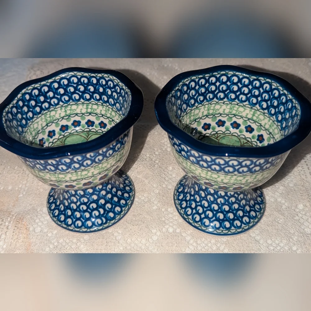 Artistic Ceramics Blue and Green Polish Footed dessert Bowls In Green Poppies .